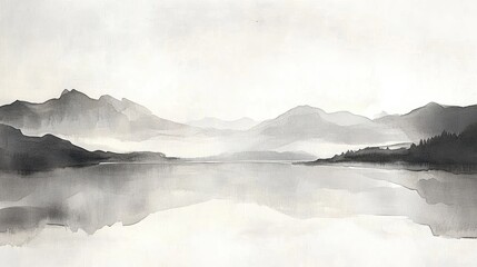 Fototapeta premium Serene Monochrome Mountain Lake: A Watercolor Landscape