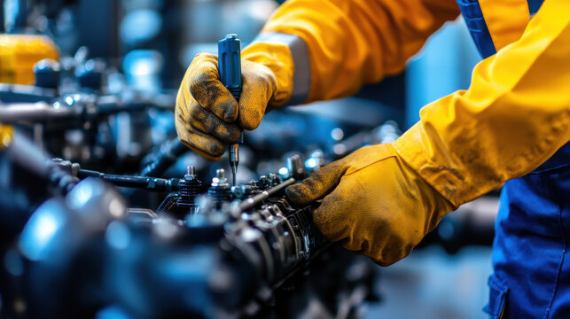 technician yellow jacket and gloves is carefully inspecting and adjusting machinery components, showcasing precision and focus