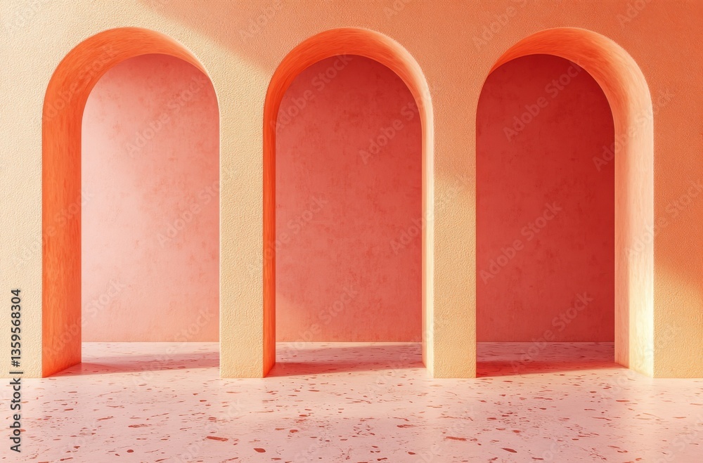Poster empty space with three arches in the wall, in a peach-colored hue.