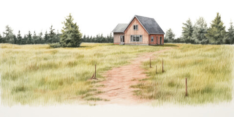 Obraz premium PNG Rustic house in grassy field border, transparent background