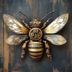 whimsical steampunk-inspired bee with intricate brass gears and mechanical wings.