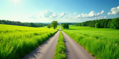 Fototapeta premium Empty country road cutting through lush green meadow in summer, sunlight, rural