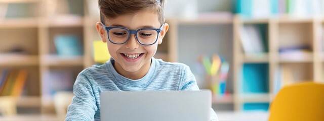 Happy boy using laptop in bright classroom setting with books