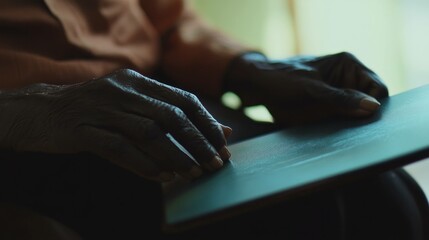 Obraz premium Elderly person s hands gently holding a book, showcasing wisdom and contemplation in a warm, inviting atmosphere with soft lighting, perfect for themes of reflection and life experiences