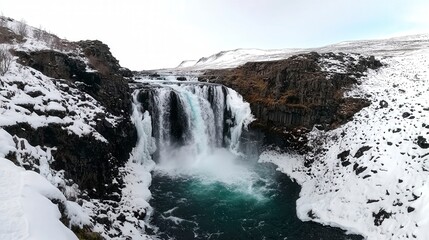 Obraz premium Majestic Iceland Waterfall Winter Landscape Snow Ice High Resolution