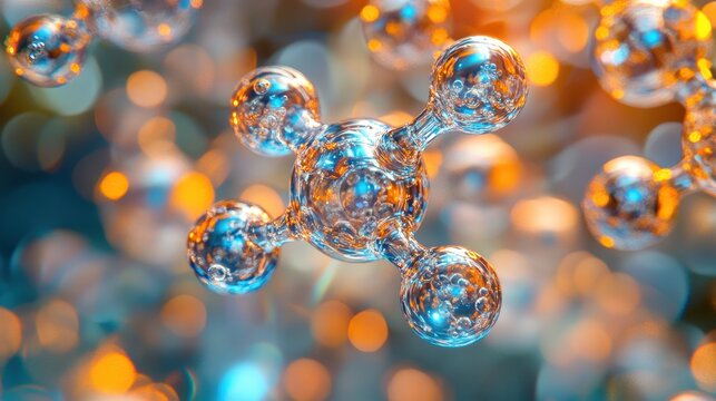 A molecular structure in a futuristic research center with glowing particles, showcasing holographic visuals and futuristic scientific advancements