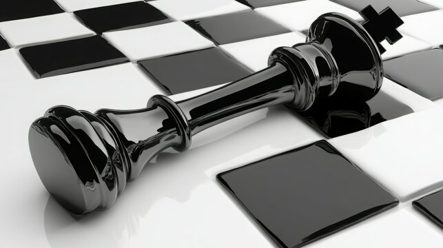 Black chess king lies defeated on board.