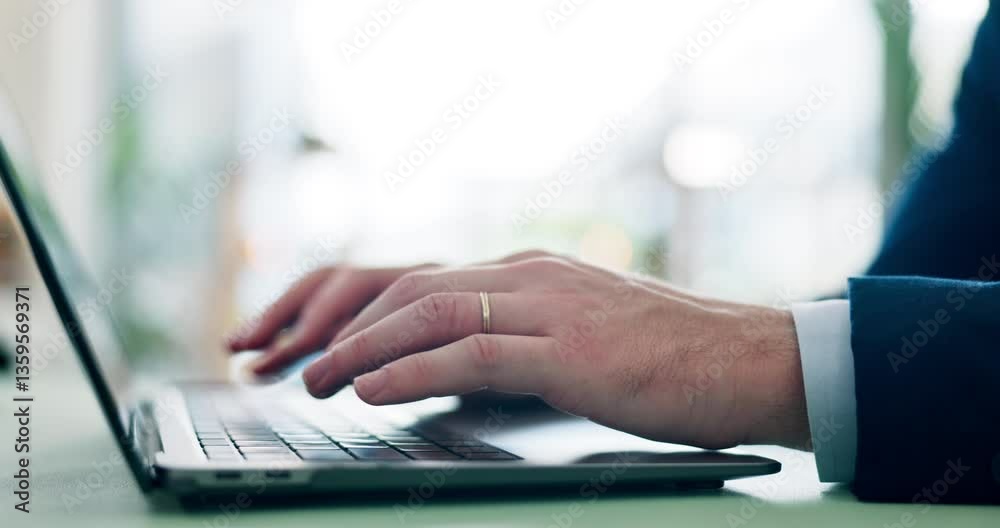 Poster hands, typing and man with laptop, keyboard and deadline for tax report with research for stock mark