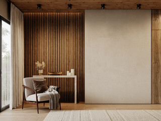 Contemporary loft interior with armchair, wood wall panels, blank wall, console, carpet and decor 3d render illustration mockup.