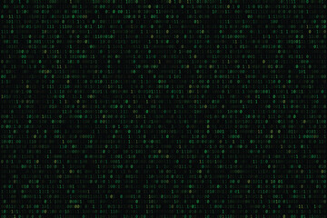 Digital binary code background features a seamless pattern of colors 1s and 0s, evoking a high-tech matrix atmosphere