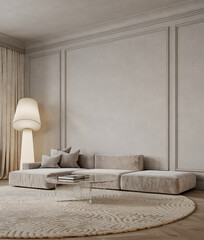 Contemporary classic interior with sofa, round carpet, glass coffee table, floor lamp and moldings. 3d render illustration mockup.