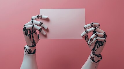 Robotic hands hold blank sign; pink background; technology concept; ideal for advertising