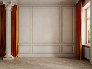 Classic empty interior with column, orange curtains, moldings and parquet wood floor. 3d render illustration mockup.
