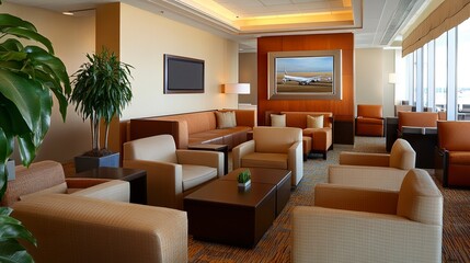 Modern VIP lounge with refined furnishings, premium materials, and elegant accents, creating a relaxing and upscale ambiance for travelers. 