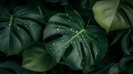 Fototapeta premium Dark Green Monstera Leaves with Dew Drops Background