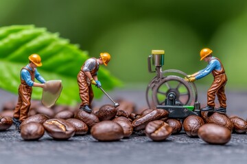 Trabajo en miniatura sobre granos de café en un entorno natural y vibrante, con mano de obra simulada realizando tareas