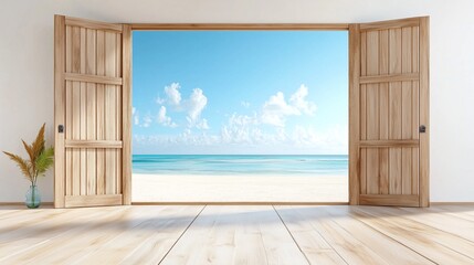 Open wooden doors reveal a breathtaking view of a tranquil ocean, with gentle waves and a clear blue sky dotted with fluffy clouds. tall plant adds a touch of greenery indoors