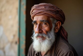A Yemeni man with a flowing beard gazes thoughtfully, wearing a traditional headscarf and earthy attire Generative AI