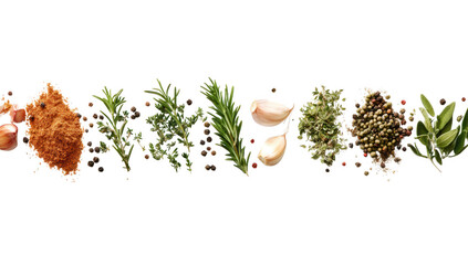 a visually appealing arrangement of various herbs spices and garlic showcasing their textures and colors ideal for culinary inspiration or food photography