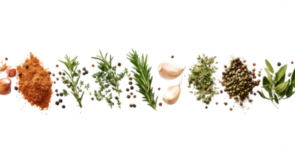 a visually appealing arrangement of various herbs spices and garlic showcasing their textures and colors ideal for culinary inspiration or food photography