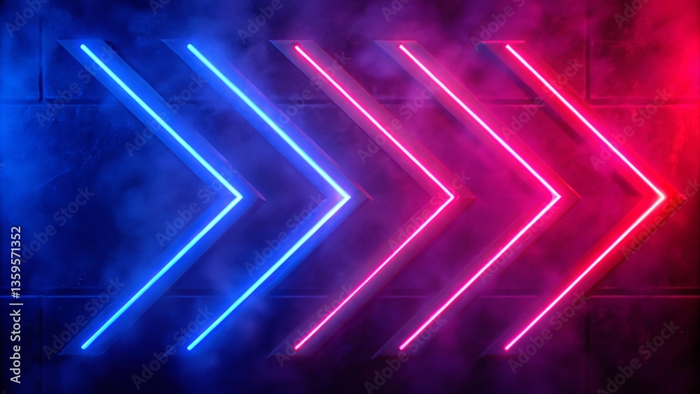 Poster a digital rendering of neon light arrows pointing to the right, with a gradient background transitio