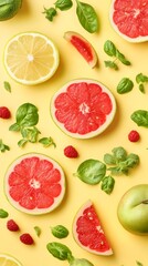Naklejka premium Vibrant Citrus Fruit and Herbs Flatlay Pattern
