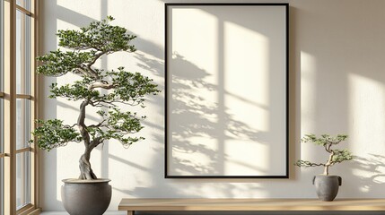 Sunlight illuminates minimalist room, showcasing empty frame, bonsai trees, and wooden bench. Ideal for interior design or home decor