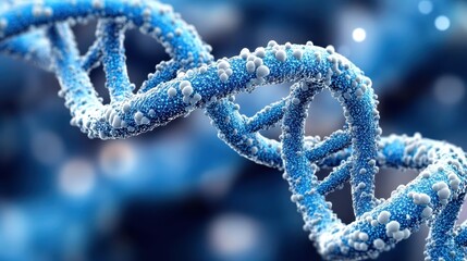 A DNA strand in a hightech laboratory with blue neon lights, showcasing microscopic details and futuristic scientific advancements