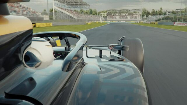 POV shot of a generic formula one race car overtaking his opponent and taking the lead. Race car point of view. 3d animation rendering. New 2025 black and gold race car design