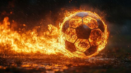 Fototapeta premium Intense soccer ball engulfed in flames, showing extreme power and passion