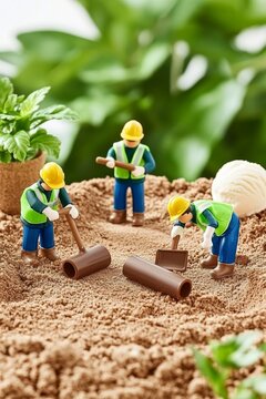 Construcci&oacute;n en miniatura de una carretera con figuras de trabajadores en un entorno natural