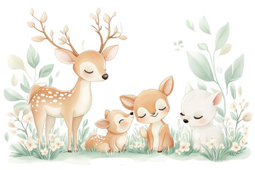 Obraz premium Adorable Deer and Playful Puppies in a Cartoon Scene: A Cute and Whimsical Illustration with Soft Colors and Friendly Expressions
