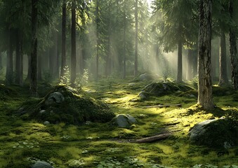 Fototapeta premium Sunlight filters through the trees in a vibrant green forest