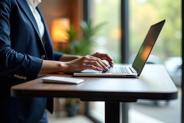 Close-Up of Hands Typing on Laptop in Bright Home Office  .