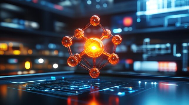 A molecular structure in a futuristic research center with glowing particles, showcasing holographic visuals and futuristic scientific advancements
