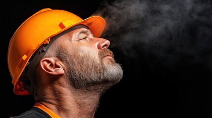 construction worker takes a deep breath and exhales steam, showcasing determination and focus while wearing an orange safety helmet. setting emphasizes hard work and resilience