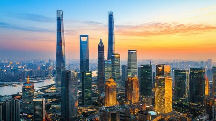 Fototapeta premium Elevated view of the Shanghai skyline at dusk, showcasing modern architecture