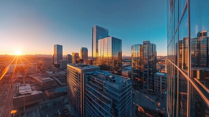 Fototapeta premium Panoramic view of Denver skyline at sunrise, glowing peaks in the background, warm light reflecting off glass towers, clear blue sky 