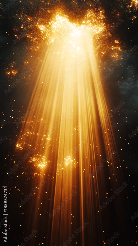 Poster golden light rays burst from above, illuminating dark background with sparkling particles, showcasin