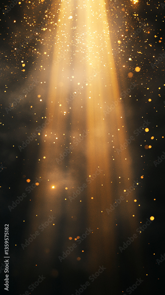 Poster dark background with golden light beams and sparkles, creating a magical, celebratory atmosphere, id