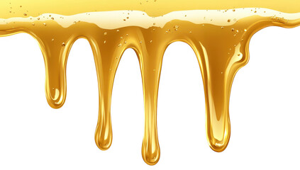 a glossy golden liquid dripping in smooth streams against a white background resembling honey or syrup highlighting its shiny texture and viscosity