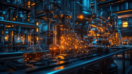 Fototapeta premium A scientific research in a digital science hub with soft light diffusion, showcasing liquid chemistry reactions and futuristic scientific advancements