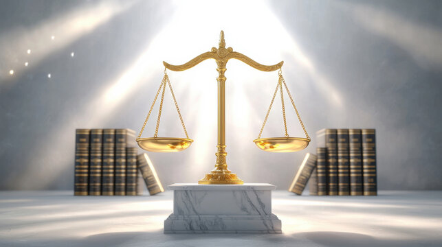 A golden scale of justice illuminated by soft light in a serene setting.