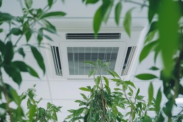 A white air conditioner is mounted on the ceiling of an office, with green plants growing in front of it