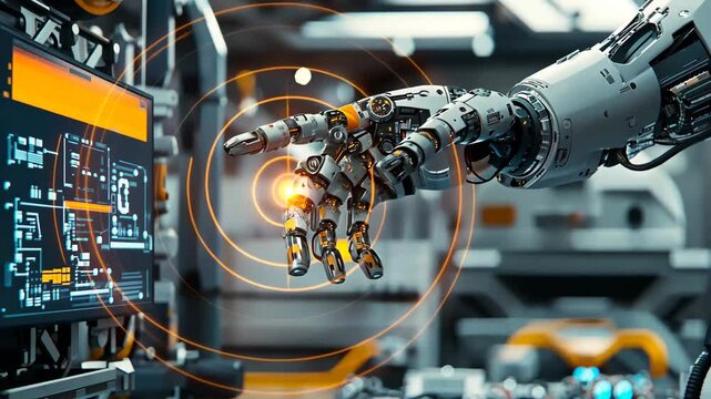 A close-up shot of an advanced robotic hand interacting with a digital touchscreen interface in a high-tech industrial environment. The scene showcases precision robotics, technology integration