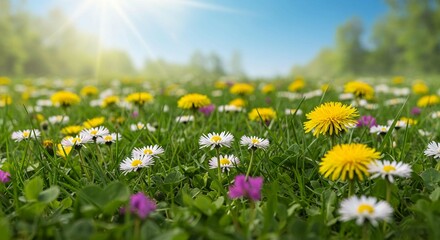 Obraz premium Vibrant Spring Meadow Dandelions Daisies and Blossoms in Sunny Field