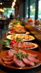 Delicious gourmet dishes beautifully arranged on a stylish restaurant table.