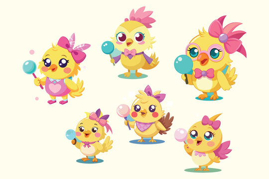 A digital illustration of a cartoon-style character, a cute Chick, Happy Easter vector isolated on a white background.