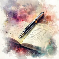 Vintage Fountain Pen and Handwritten Journal in Watercolor Style