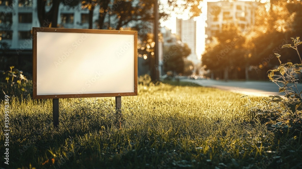 Poster an unmarked signboard rests on lush green grass as the warm glow of the setting sun casts long shado